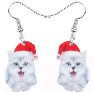 Santa Kitty Cat Earrings Christmas Grey White